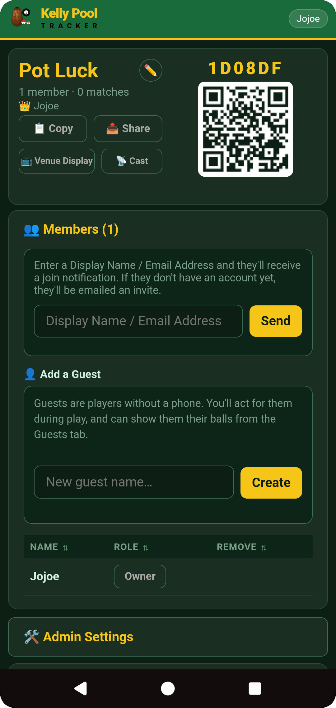Club screen — join code, QR, Copy/Share, Venue Display and Cast, Members and Add a Guest