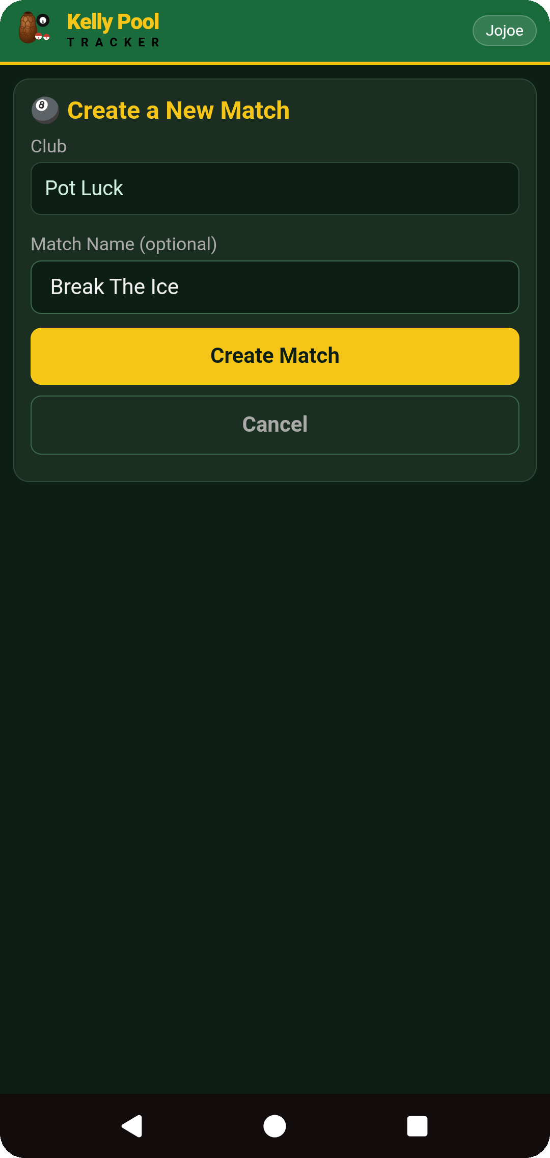 Create a New Match — pick club and optional match name