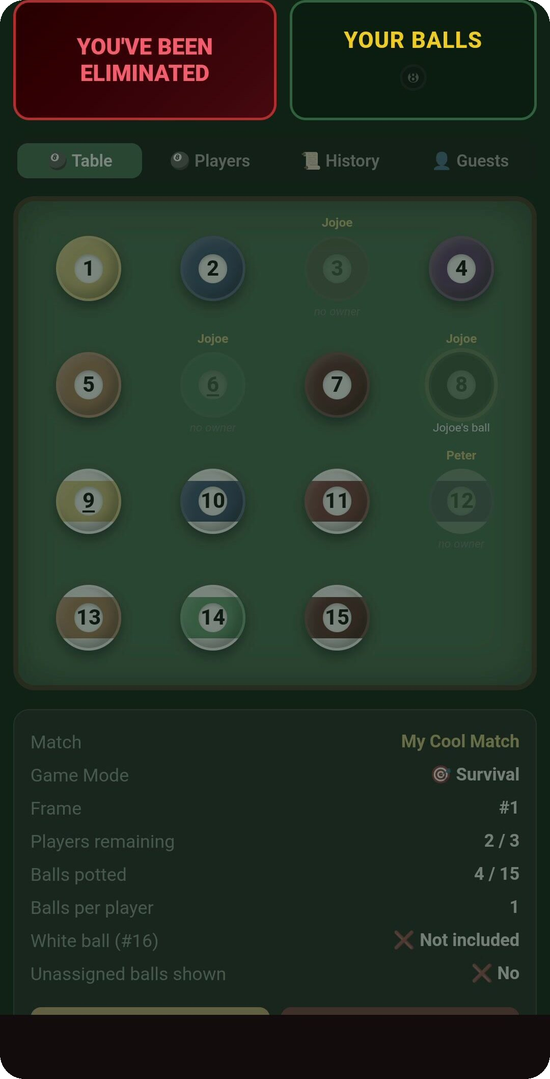 Eliminated / spectator view with Your Balls tab
