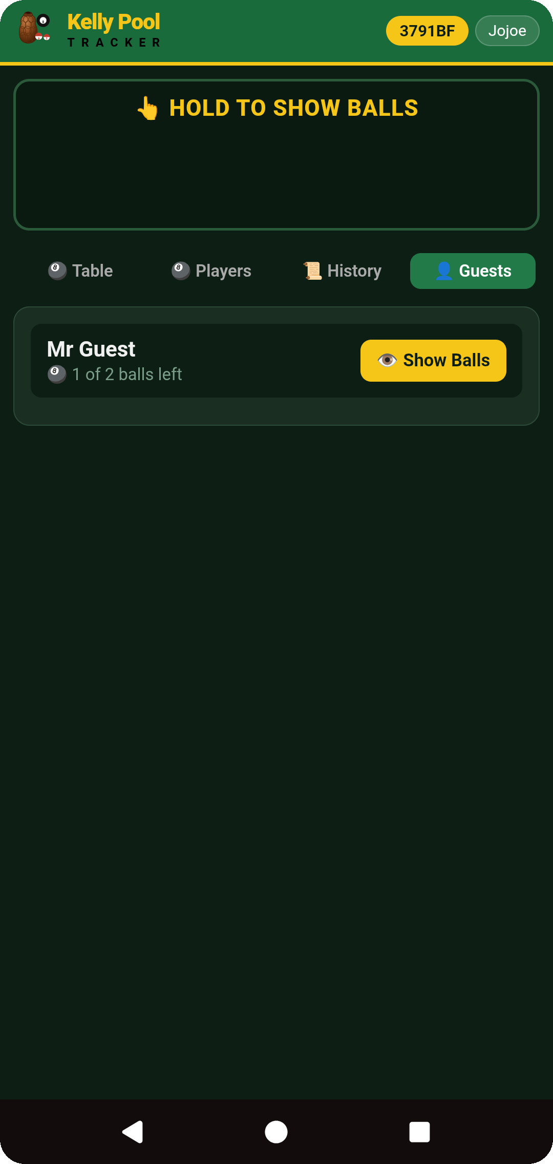 Guests tab — balls remaining per guest and a Show Balls button