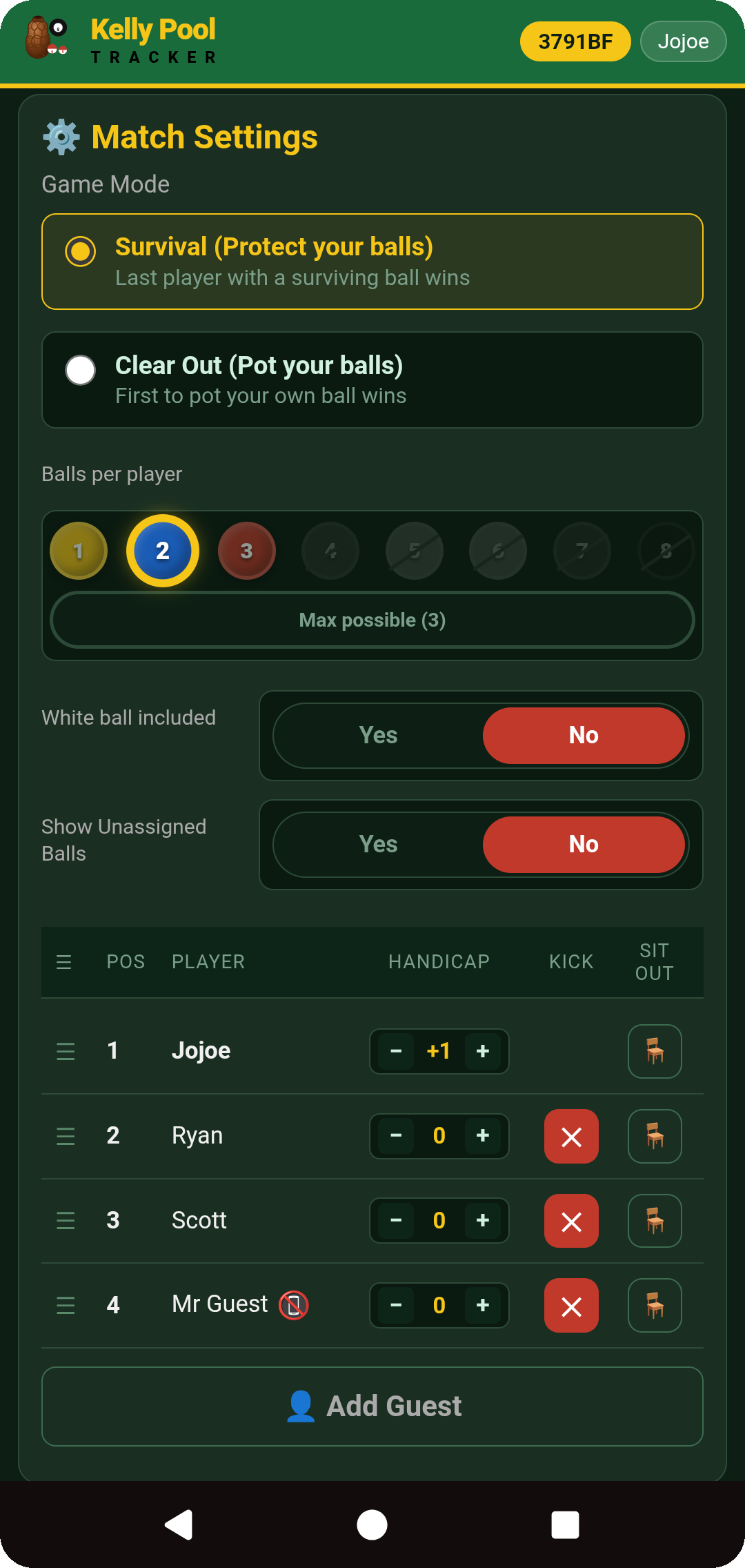 Match Settings — Game Mode, balls per player, roster with handicap, kick, and sit out