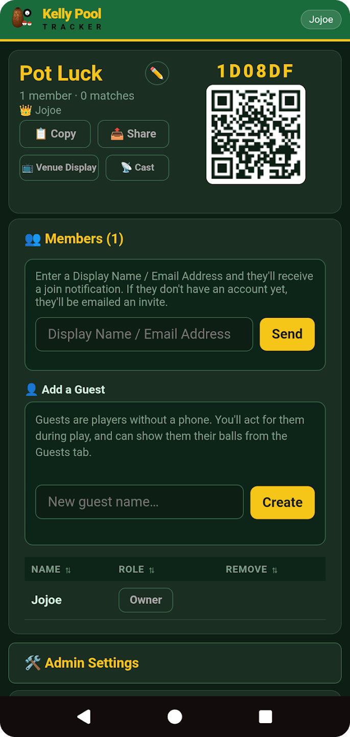 Club page — join code, QR, Venue Display, Cast, Members, Add a Guest