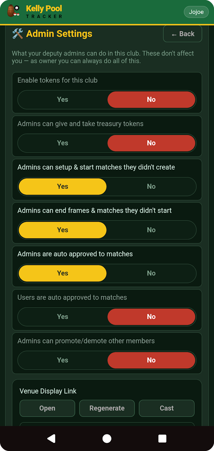 Admin Settings — deputy admin permissions and Venue Display Link