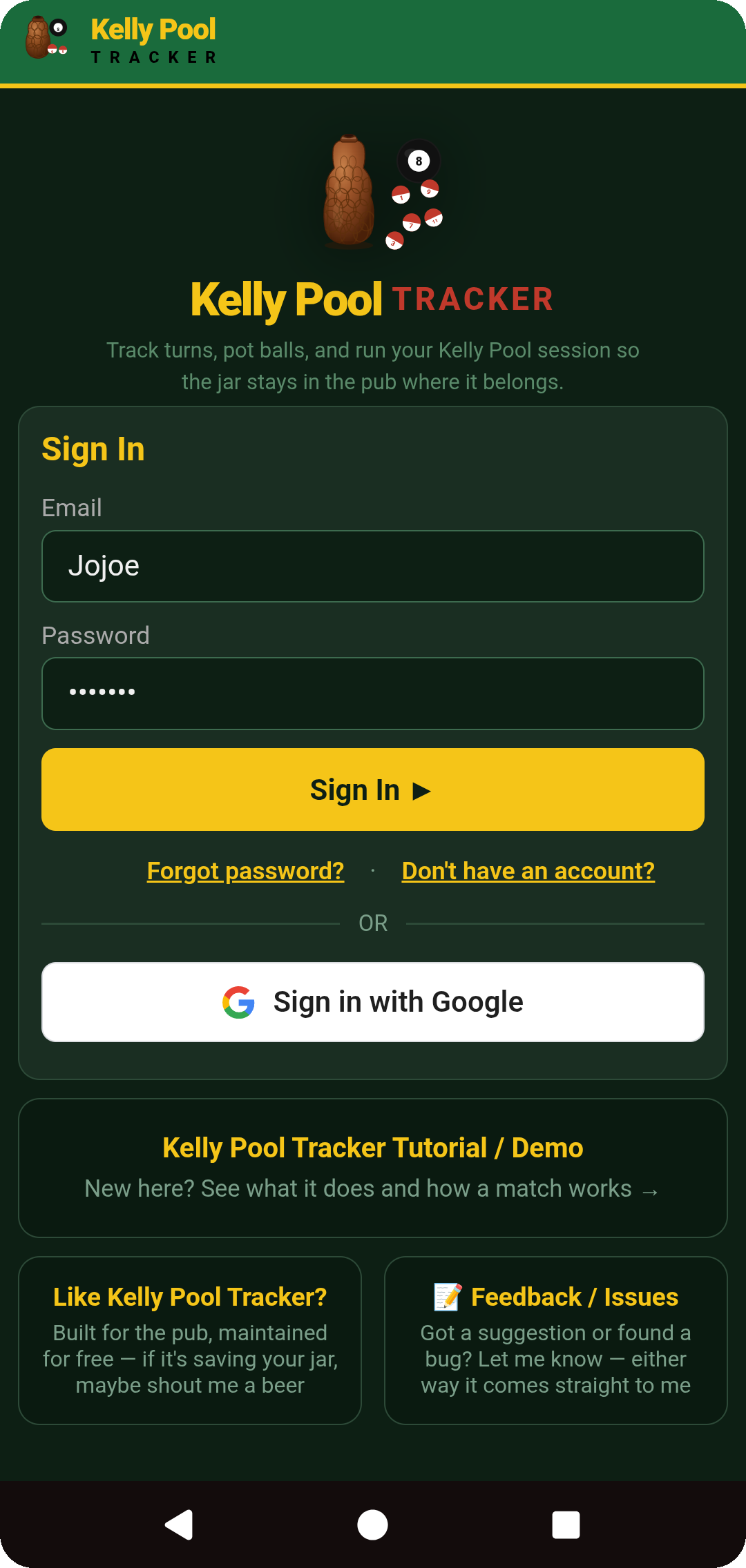 Sign in / create account screen