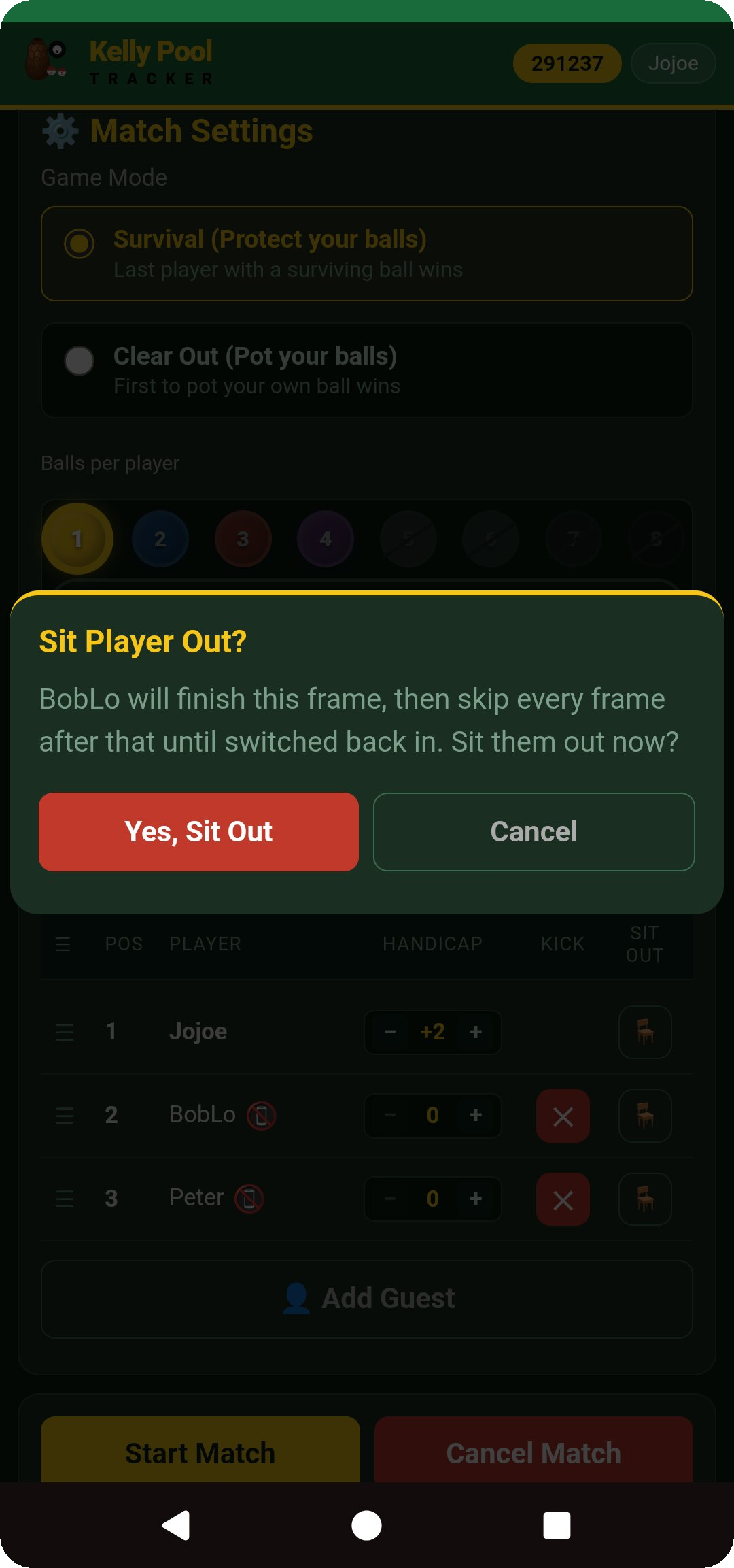 Sit Player Out? admin confirmation prompt