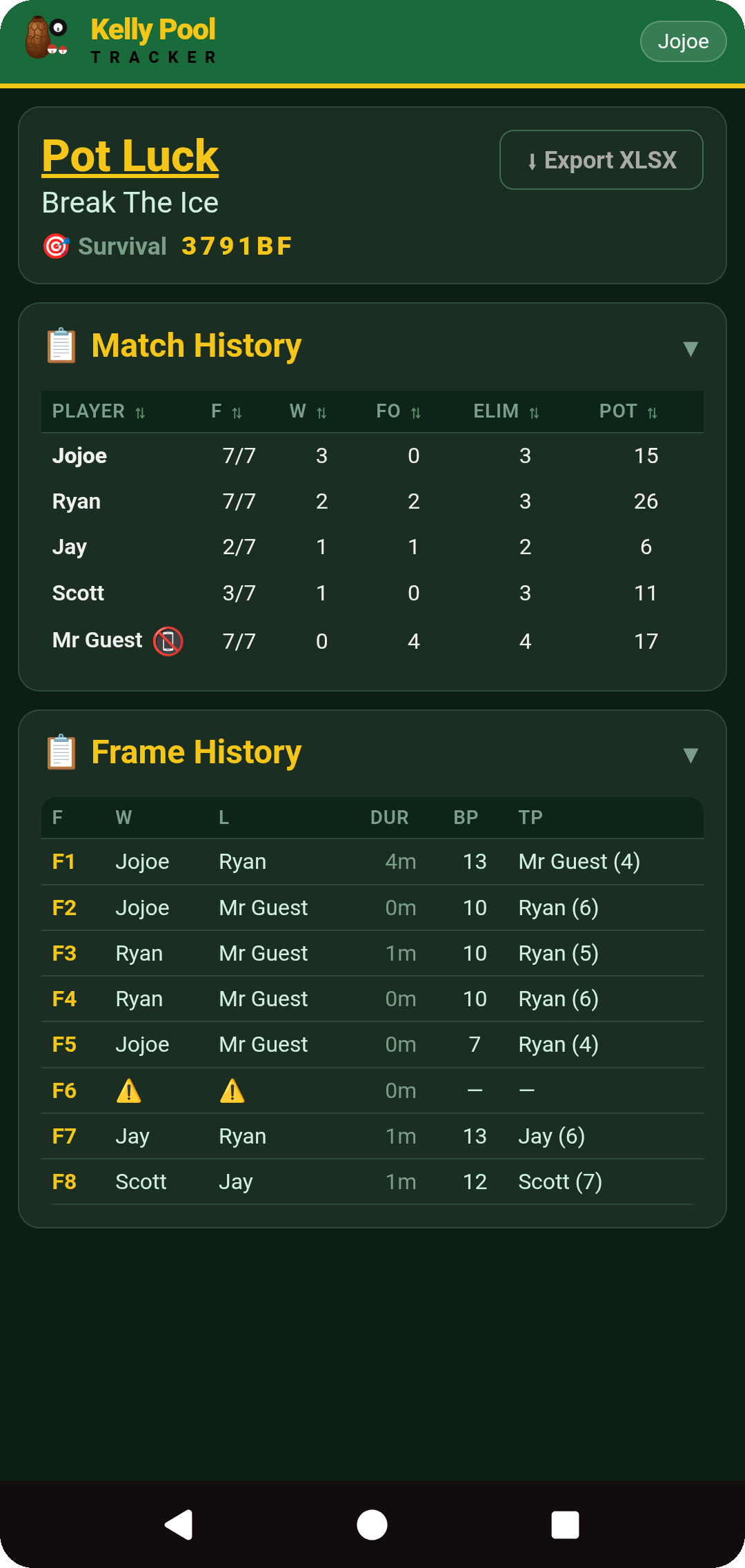 Match History and Frame History tables with the Export XLSX button
