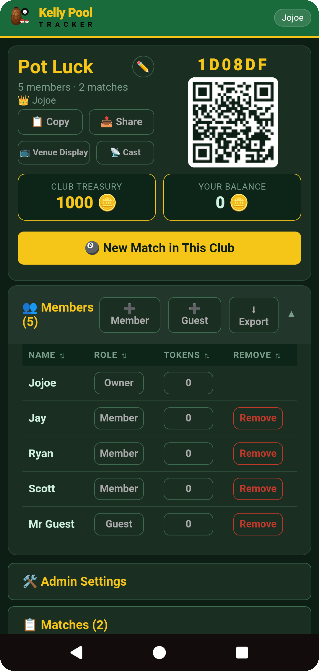 Club Screen with tokens enabled — Club Treasury and Your Balance cards, member token column all at zero
